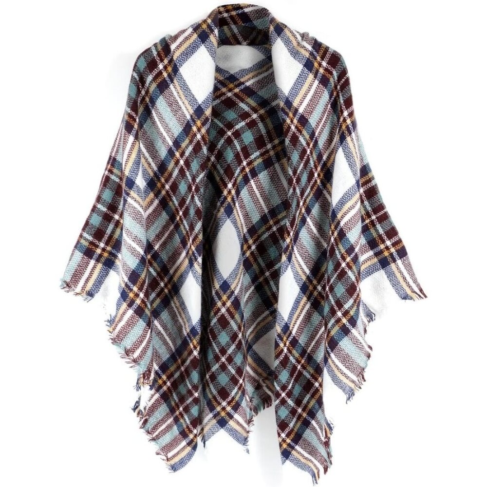 Women's Plaid Scarf Blanket Wrap Brown Blue